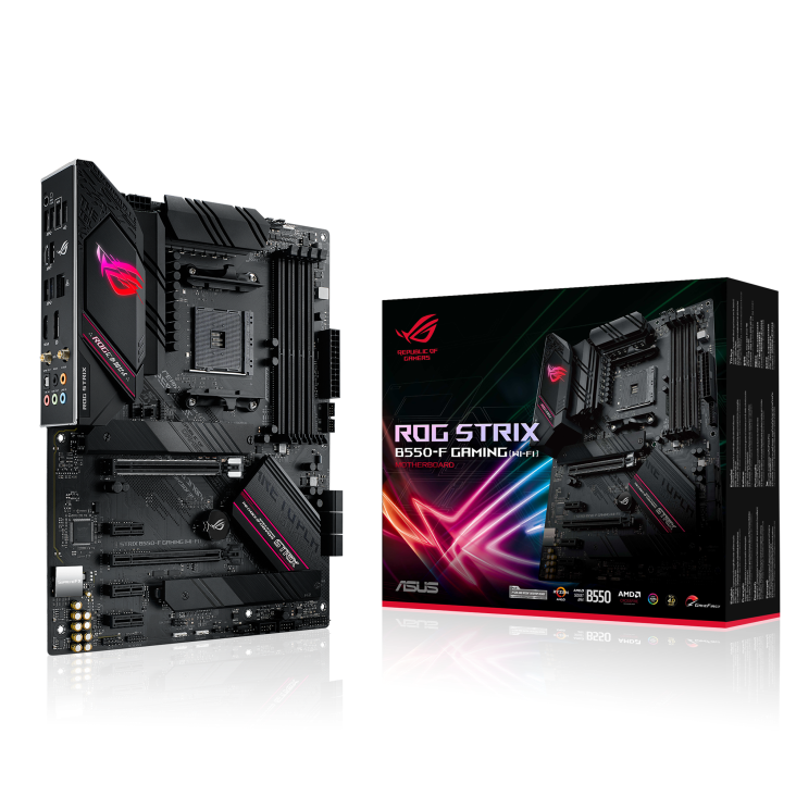 ROG STRIX B550-F GAMING (WI-FI) angled view from top with the box