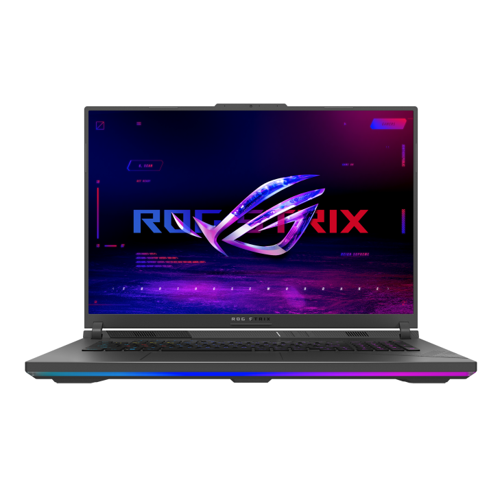 Front view of the Strix G18, with the ROG Fearless Eye logo visible on screen