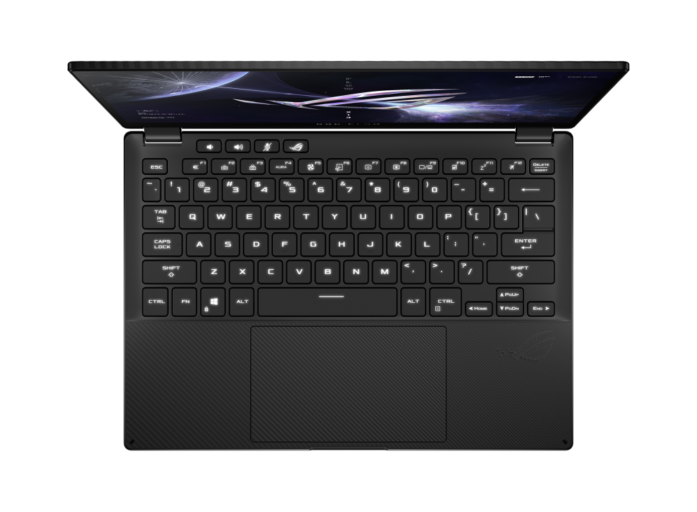 Top down view of the Flow X13 with 1-zone white lighting keyboard