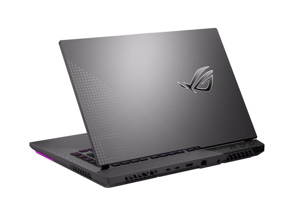 Off center rear view of the Strix G15, with emphasis on the ROG styling and Armor Cap.