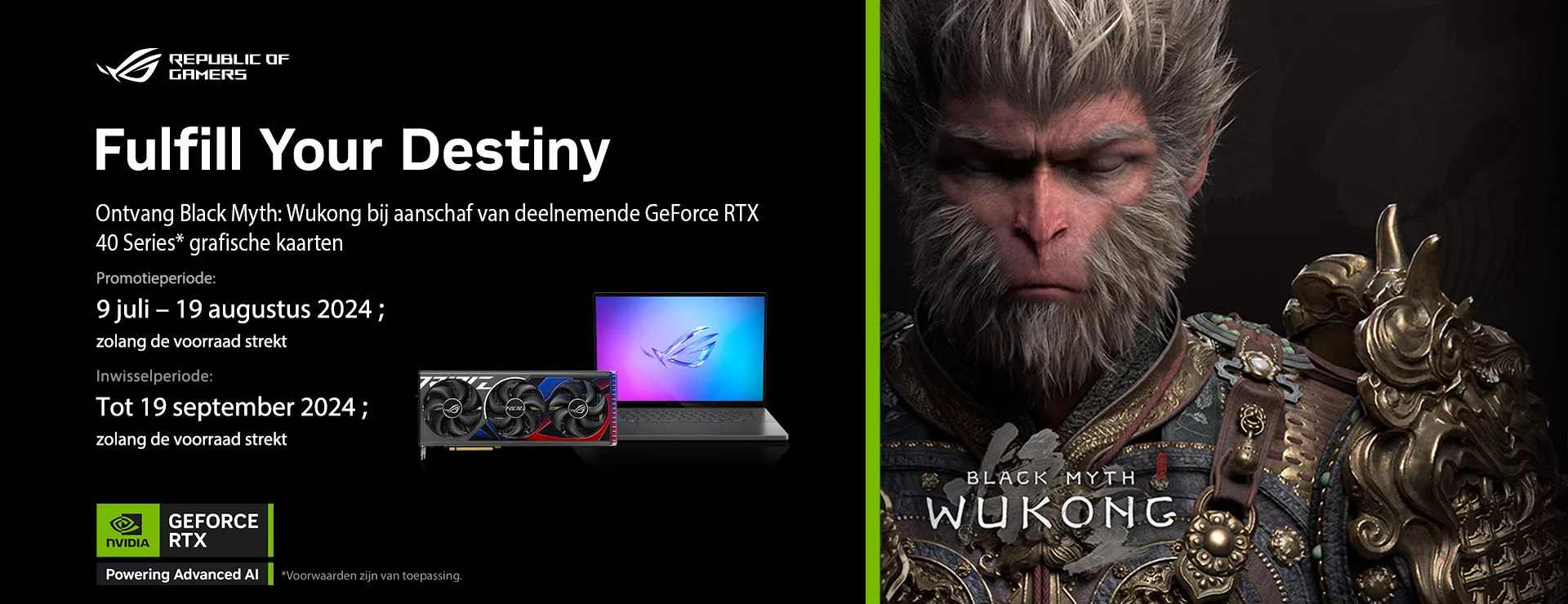 Nvidia GeForce RTX 40 Series with Black Myth: Wukong game offer, featuring gaming laptop and graphics card images, with offer dates from July to September 2024.