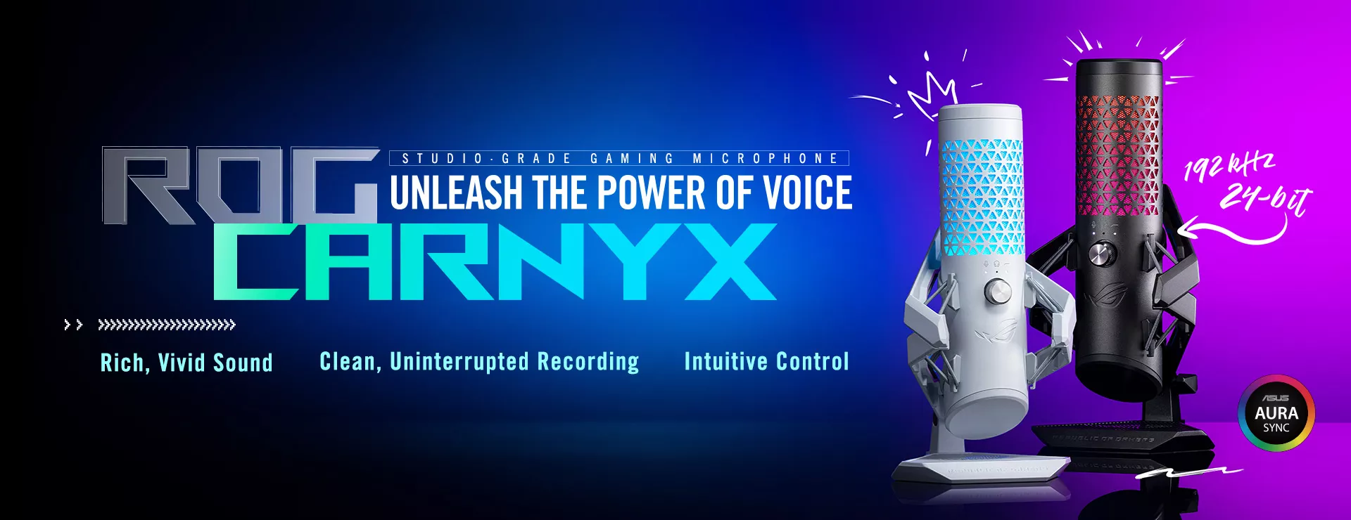 Two studio-grade gaming microphone, ROG Carnyx are shown, one in moonlight white and another in black, with the slogan 'Unleash the Power of Voice' with features including 'Rich, Vivid Sound,' 'Clean, Uninterrupted Recording,' and 'Intuitive Control.