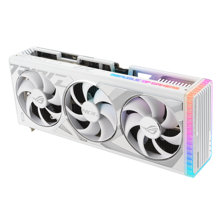 Angled top down view of the ROG Strix GeForce RTX 4080 SUPER white edition graphics card highlighting the fans ARGB element3