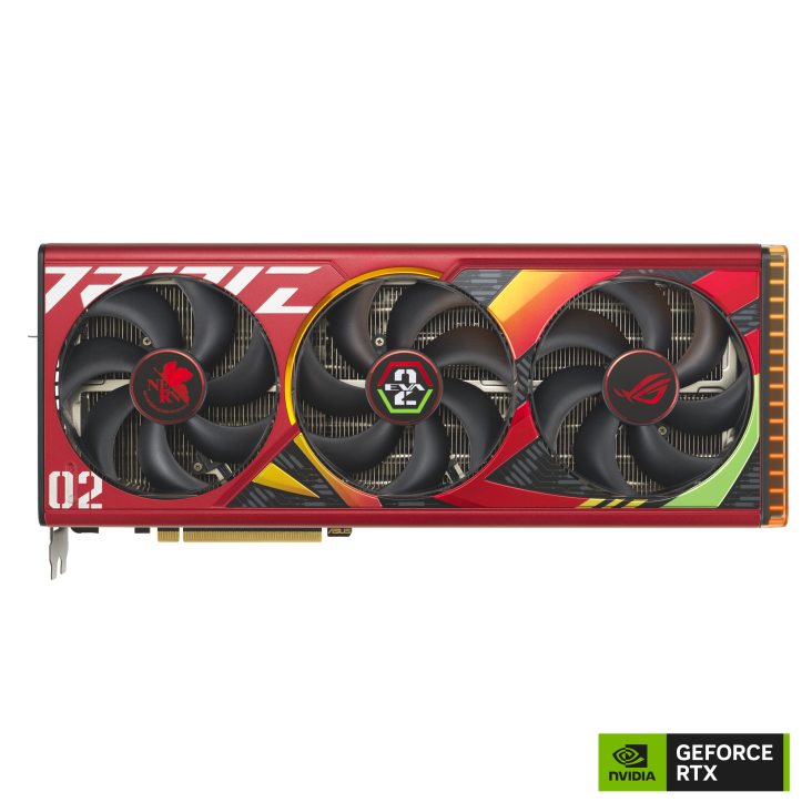 ROG Strix GeForce RTX 4090 EVA-02 graphics card front view with NVlogo