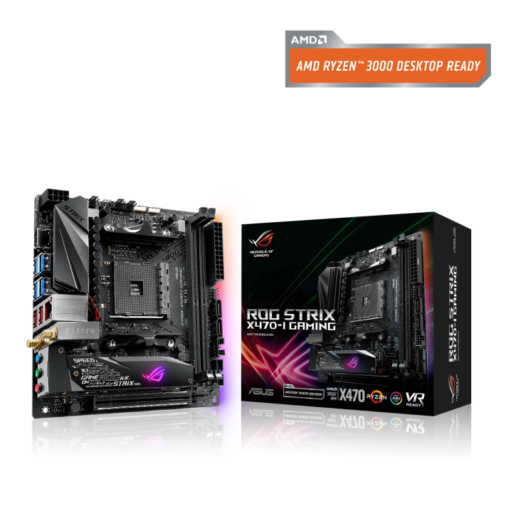 ROG STRIX X470-I GAMING GAMING angled view from left with the box
