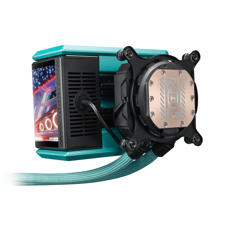 Rear view of ROG Ryuo IV 360 ARGB Miku Edition pump block with Miku-themed design and ROG logo