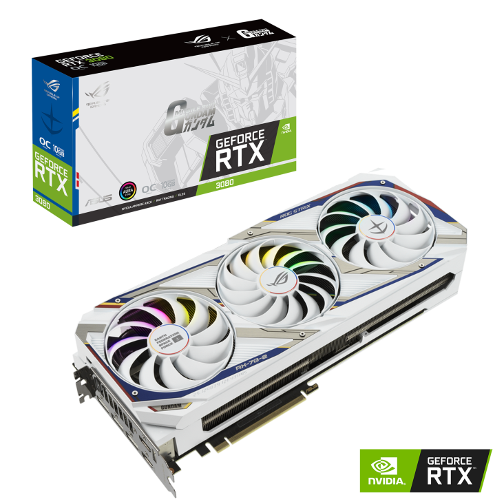 ROG-STRIX-GeForce-RTX-3080-GUNDAM-EDITION graphics card and packaging with NVIDIA logo