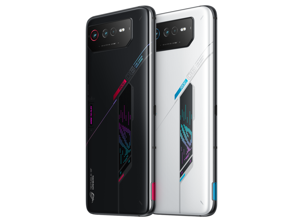 Two ROG Phone 6 in both Phantom Black and Storm White angled view from back, tilting at 45 degrees