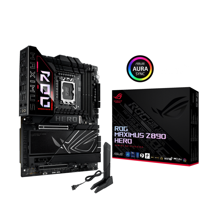 ROG MAXIMUS Z890 HERO front view, 45 degrees, viewed from left, with WiFi antenna and color box