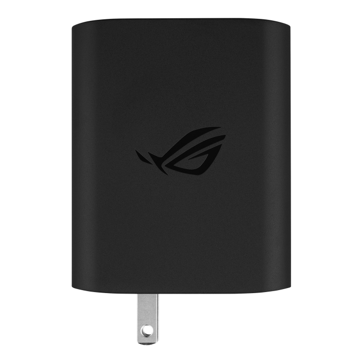 A black multi-port USB charger with three outputs visible and the ROG logo on the side