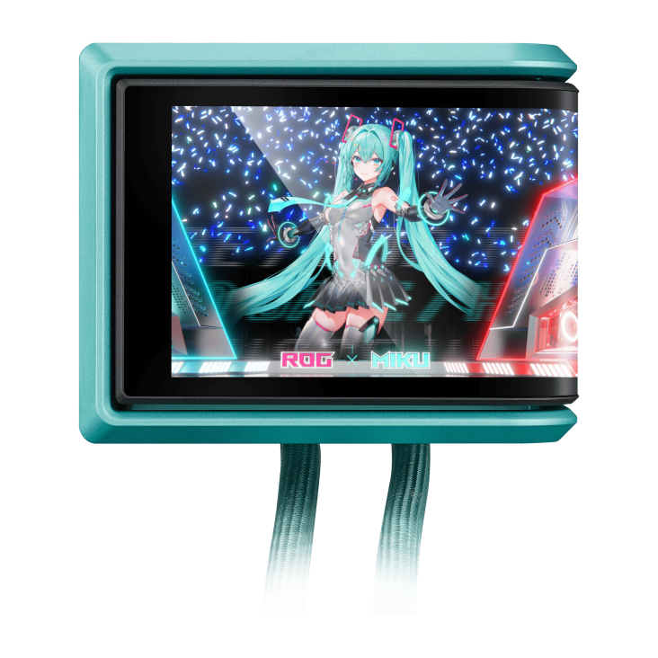 Close-up of the 3.5-inch LCD display on the ROG Ryuo IV 360 ARGB Miku Edition showcasing Miku animation