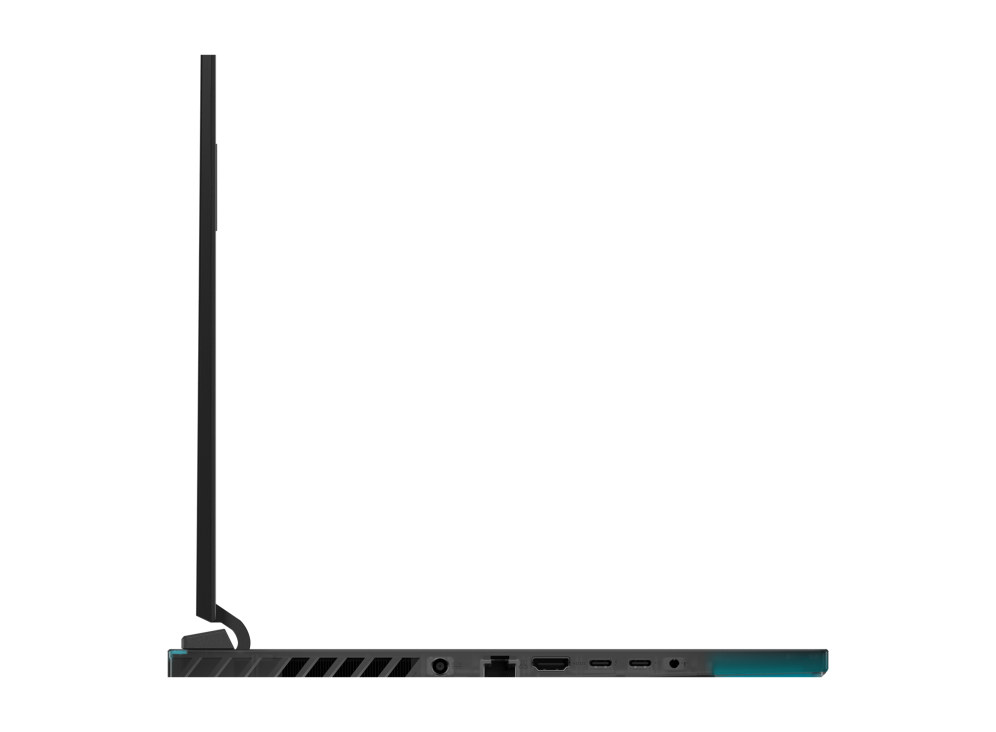 2023 ROG SCAR 16 Profile view of the left side of the Strix SCAR 16, with DC power, HDMI, ethernet, two USB C ports, and a headphone jack visible