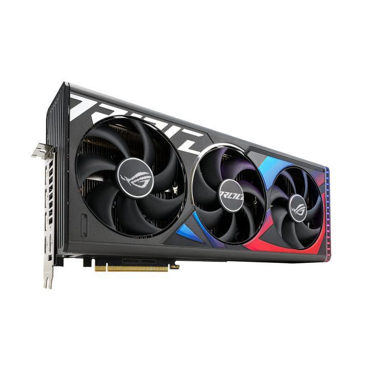 ROG-Strix-GeForce-RTX-4080-SUPER-graphics-card-angled-top-down-view-highlighting-the-fans,-ARGB-element,-IO-ports-