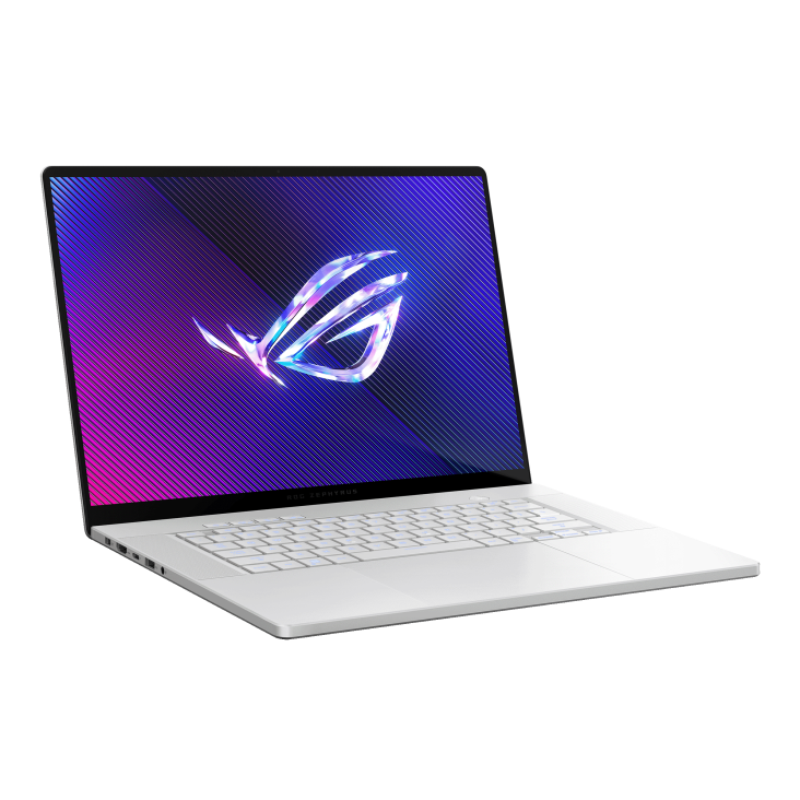 Off center shot of the front of the Zephyrus G16, with the ROG Fearless Eye logo on screen