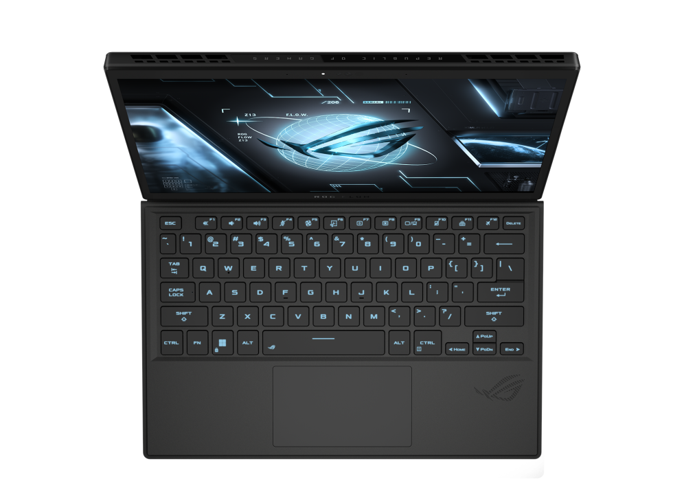 Top down shot of the Flow Z13 with keyboard attached and ROG Fearless Eye logo on screen