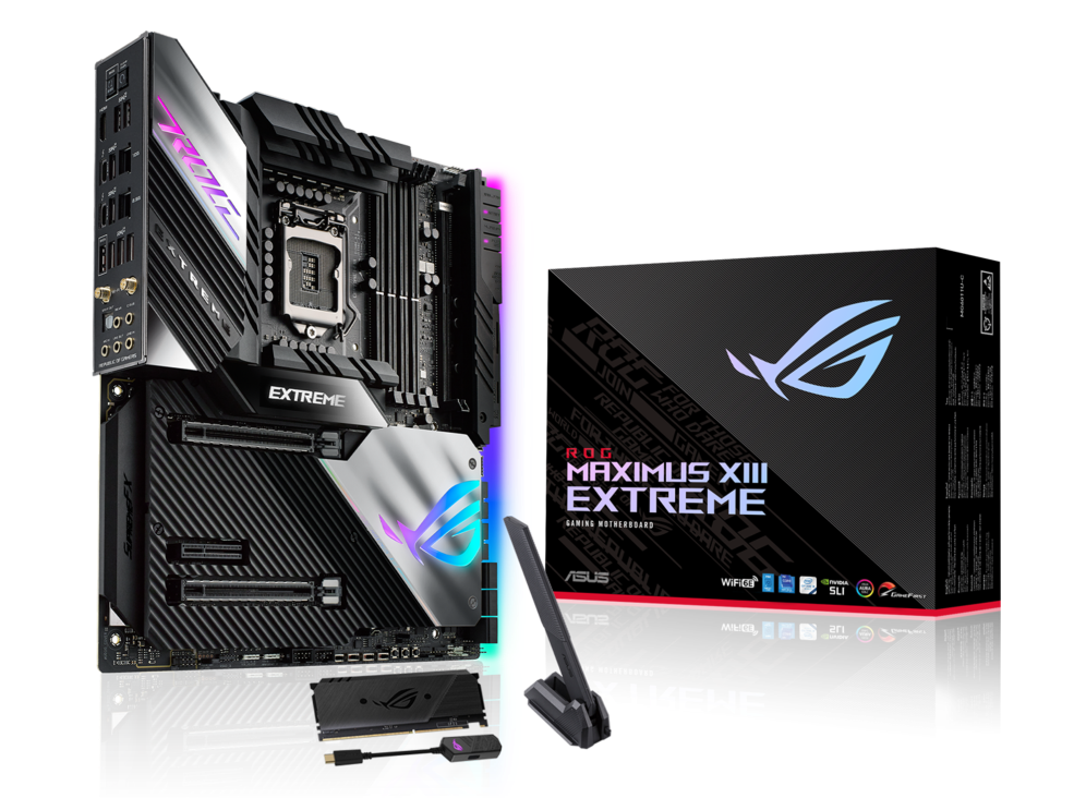 ROG Maximus XIII Extreme angled view from left with the box