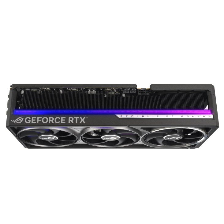 06_ROG-Astral-RTX5090-BTF_angled top down view showing slot design+lighting