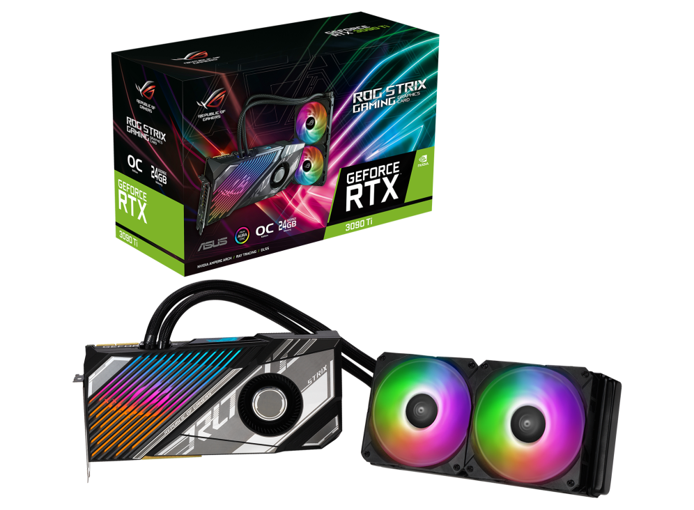 ROG Strix LC GeForce RTX 3090 Ti packaging and graphics card
