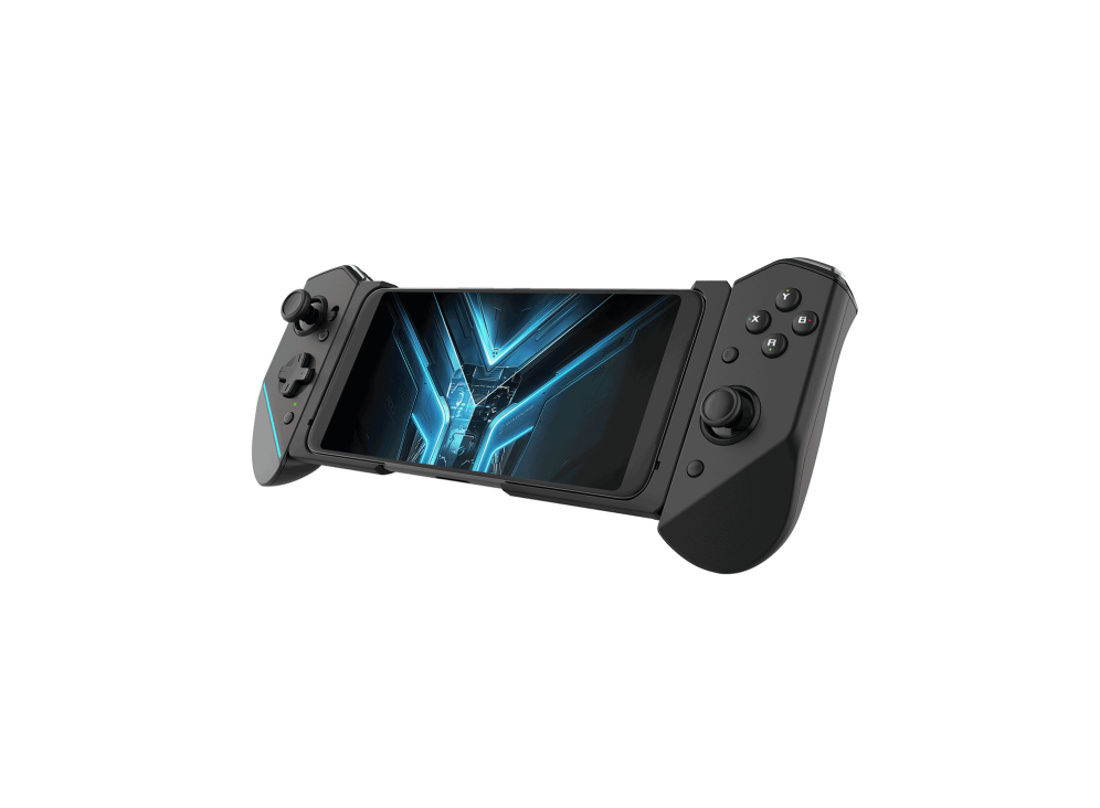 ROG Kunai 3 Gamepad with a ROG Phone 6 angled view from front in Handheld Mode, tilting at 45 degrees