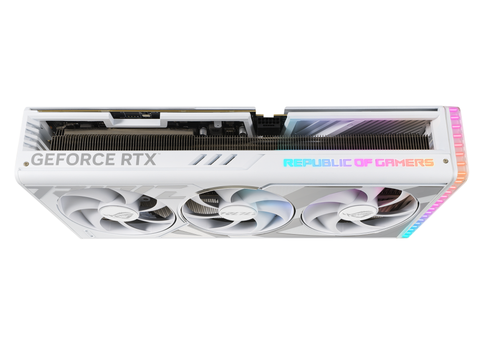 Angled top view of the ROG Strix GeForce RTX 4090 white edition graphics card showing off the ARGB element and 3.5-slot design