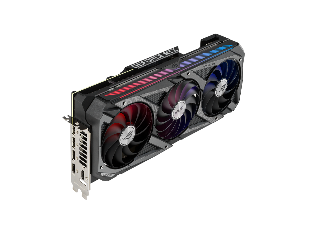 ROG-STRIX-RTX3080-10G-GAMING graphics card, angled top down view, highlighting the fans, ARGB element, and I/O ports