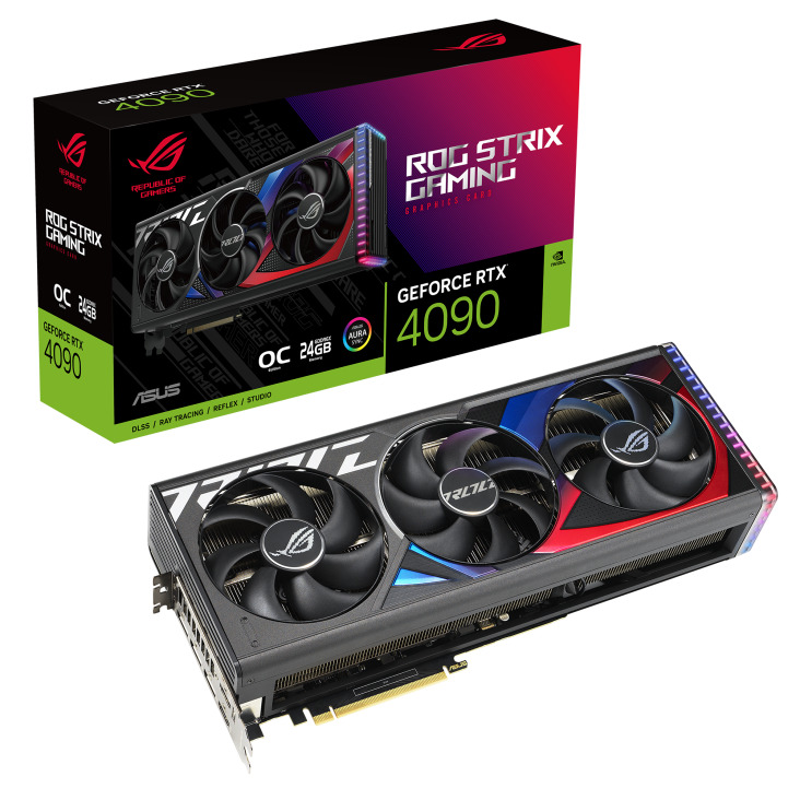 ROG Strix GeForce RTX 4090 OC Edition 24GB packaging and graphics card
