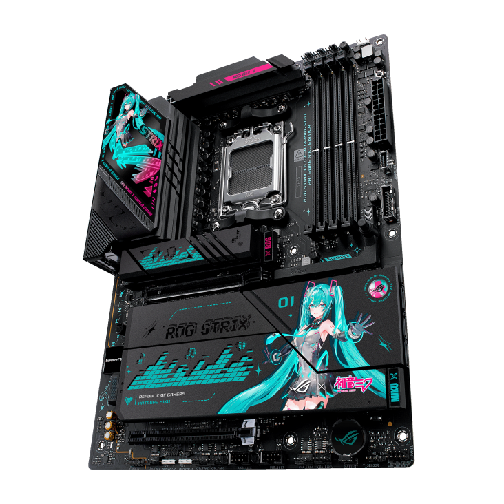 ROG STRIX X870E-H GAMING WIFI7 HATSUNE MIKU EDITION front view, 60 degrees, viewed from the bottom right looking upward