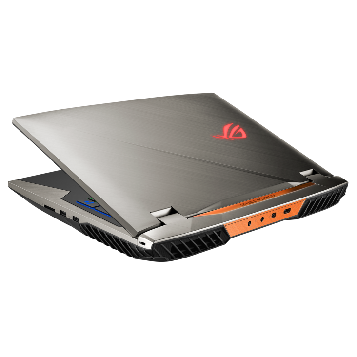 Rear view of the ROG G703, with the lid slightly open.