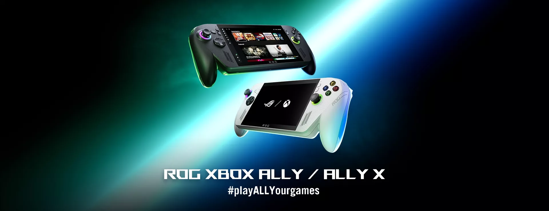 ROG XBOX ALLY in white and ALLY X in black are floating in the air side by side at an angle, with the XBOX ALLY interface turned on and games displayed.