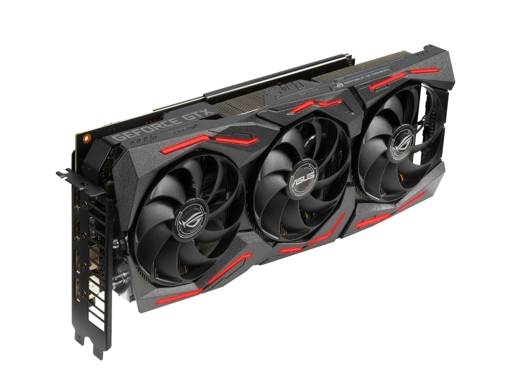 ROG-STRIX-GTX1660TI-O6G-GAMING graphics card, angled top down view, highlighting the fans, ARGB element, and I/O ports