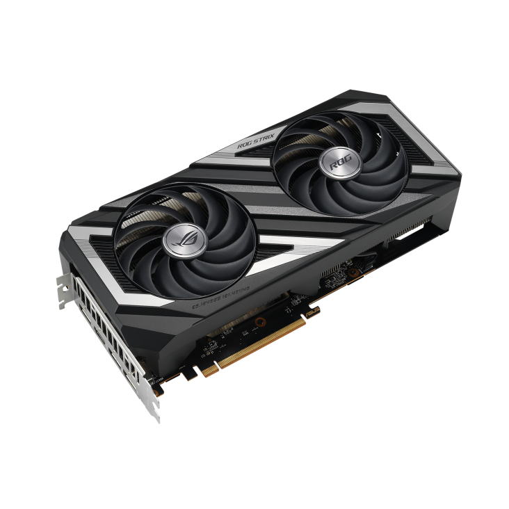 ROG STRIX Radeon RX 7600 OC Edition 45 degree top-down view with focus on bottom side