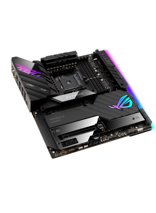 ROG CROSSHAIR VIII EXTREME top and angled view from left