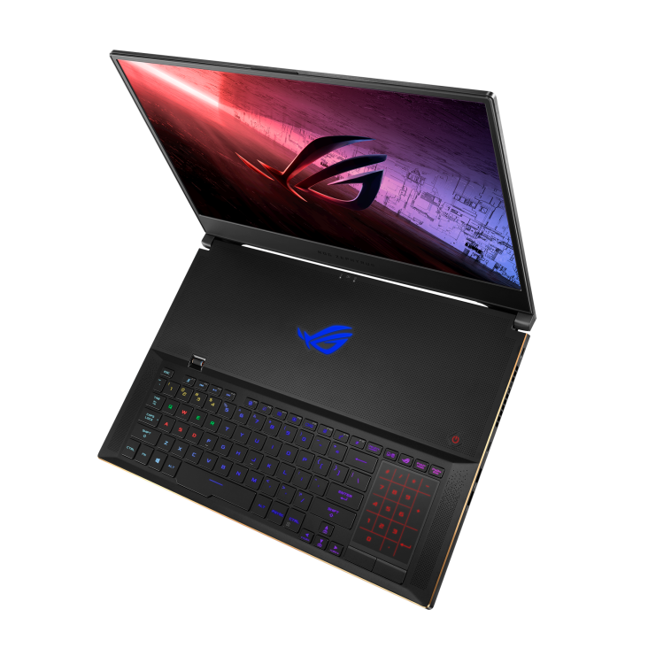 Off centered top down view of a Zephyrus S17 with the ROG fearless eye logo visible on screen.