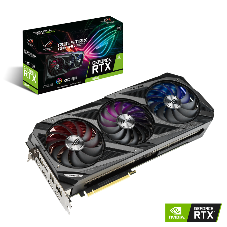 ROG-STRIX-RTX3070-O8G-V2-GAMING graphics card and packaging with NVIDIA logo
