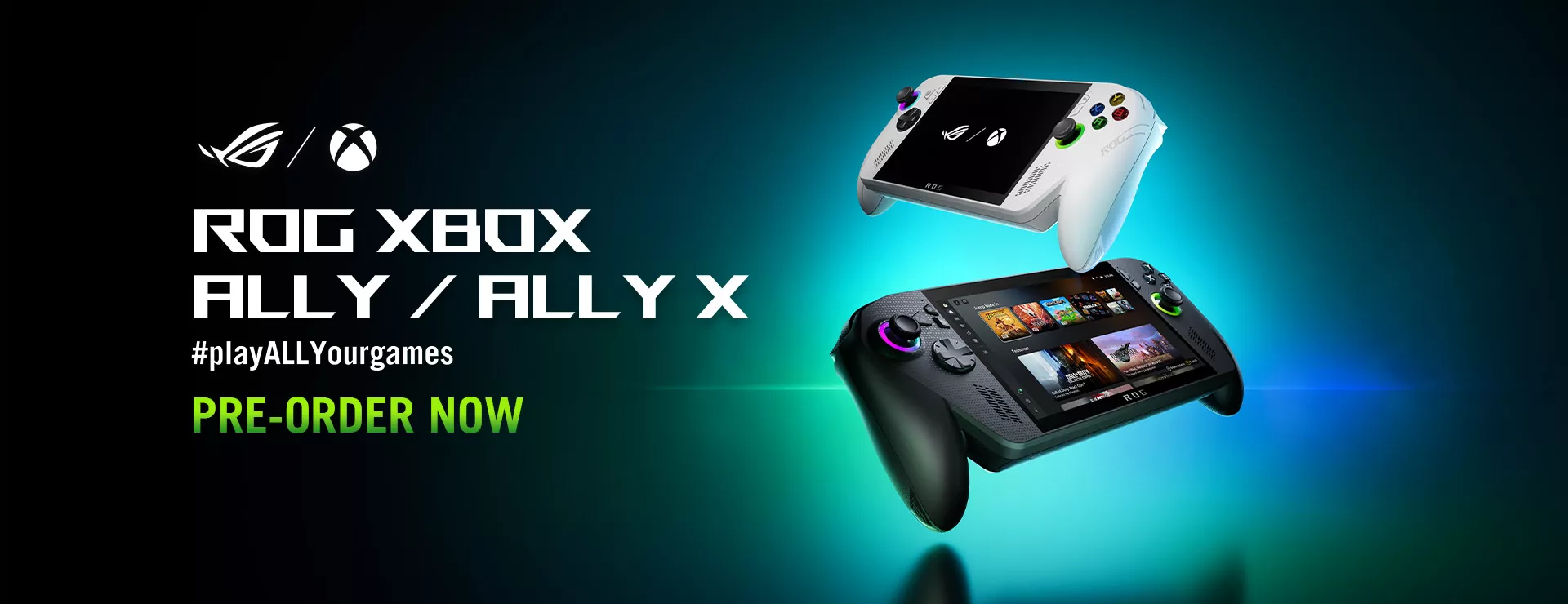 A white ROG Xbox Ally and a black Xbox Ally X