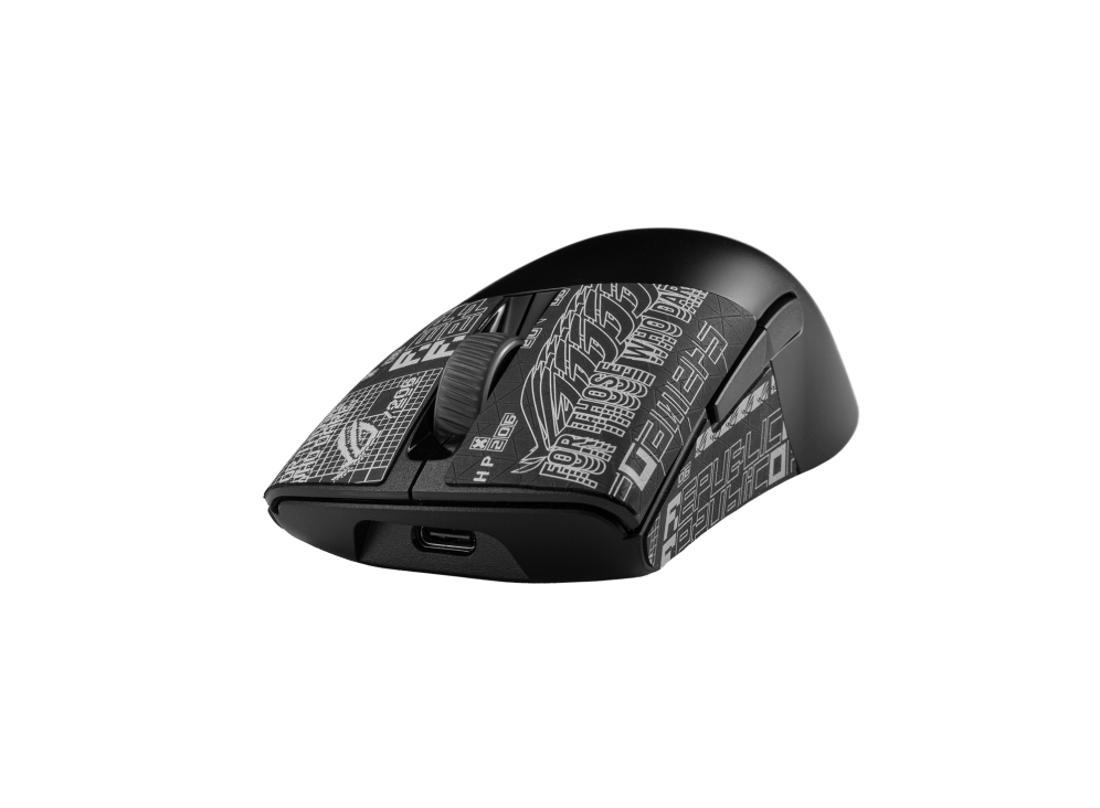 ROG Keris Wireless AimPoint Black – angled side view with mouse grip tape