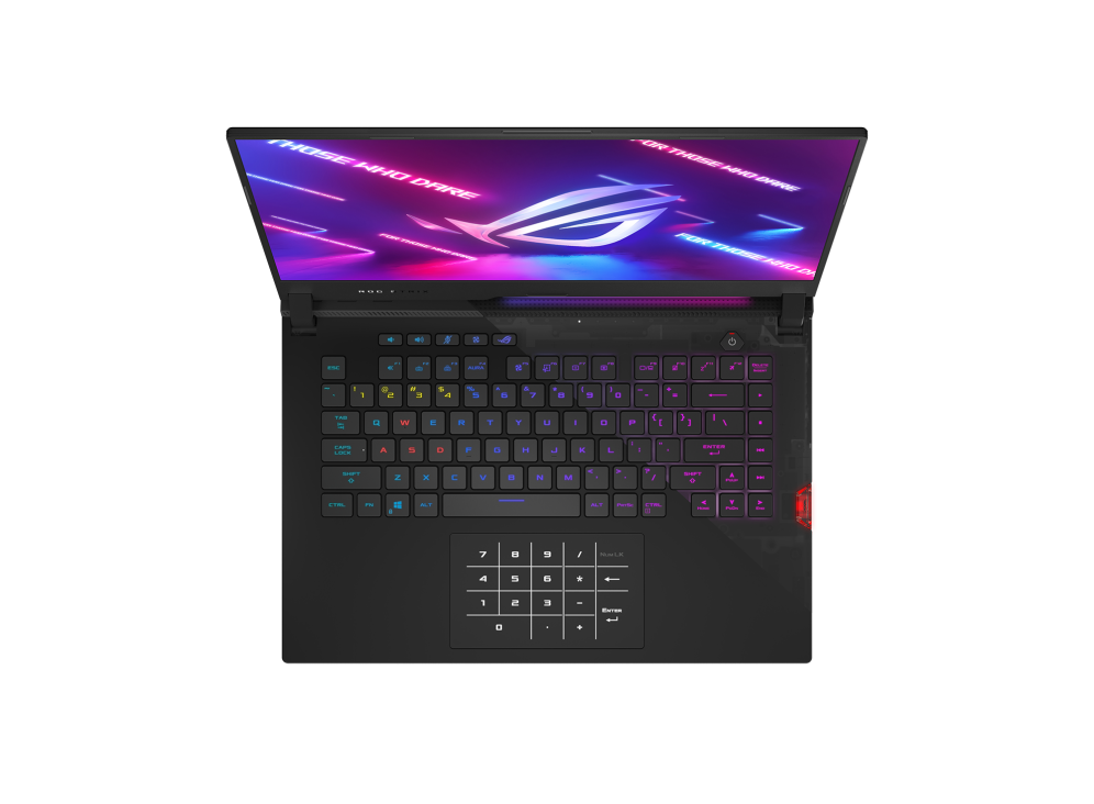 Front view of the ROG Strix SCAR 15, with the NumberPad and keyboard illuminated and ROG logo on screen.