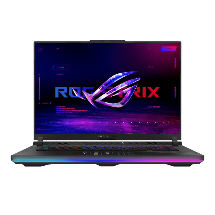 Front view of the Strix SCAR 16, with the ROG Fearless Eye logo visible on screen and the keyboard visible
