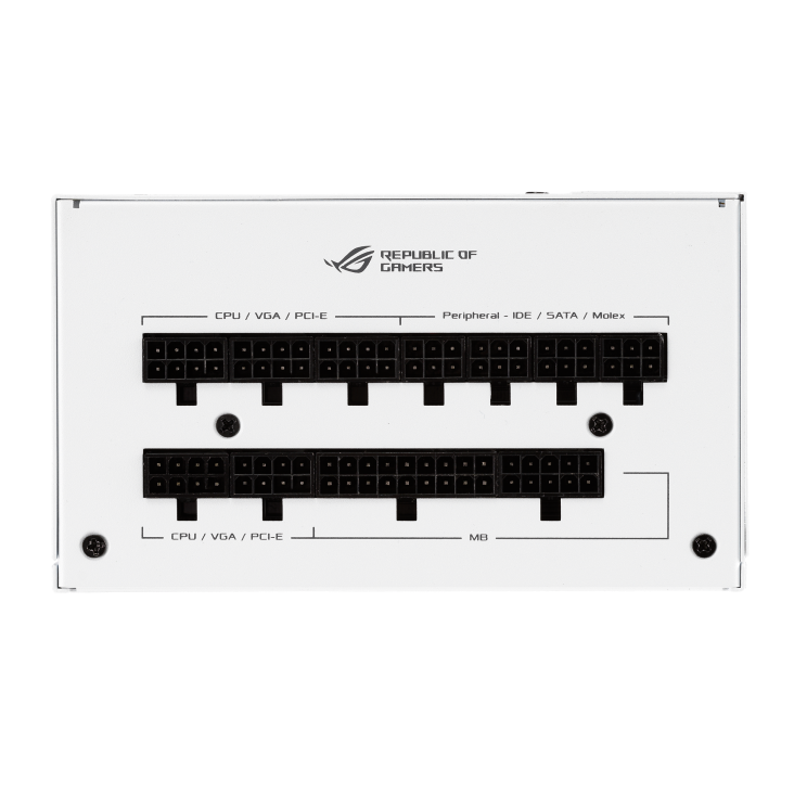 Front of ROG Strix 850W Gold White Edition focus on the power connectors