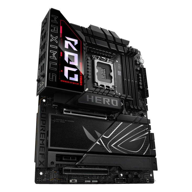 ROG MAXIMUS Z890 HERO front view, 60 degrees, viewed from the bottom left looking upward