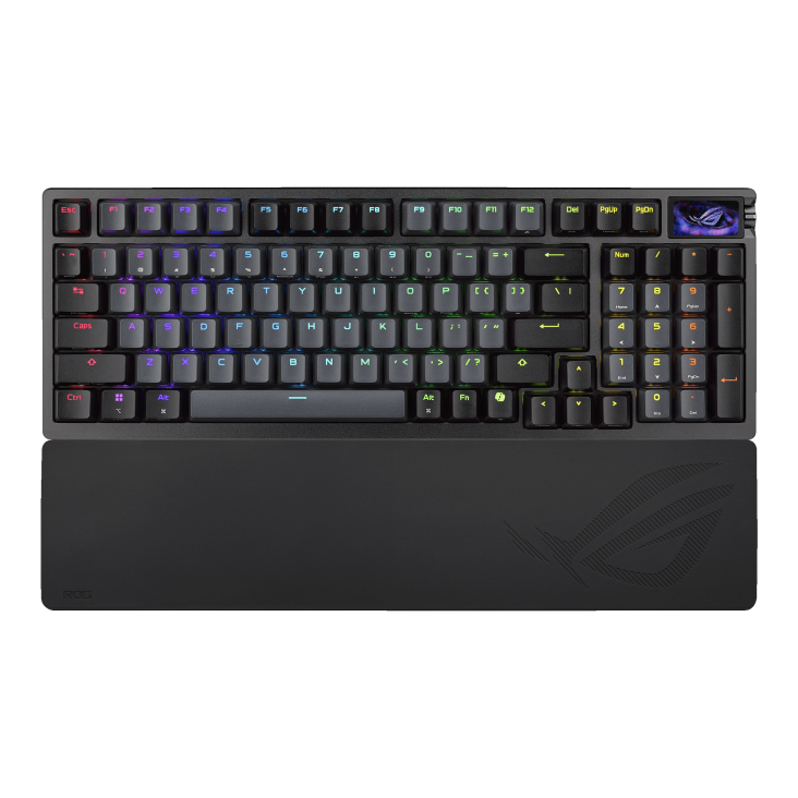 Black ROG Azoth 96 HE front view with RGB lighting on