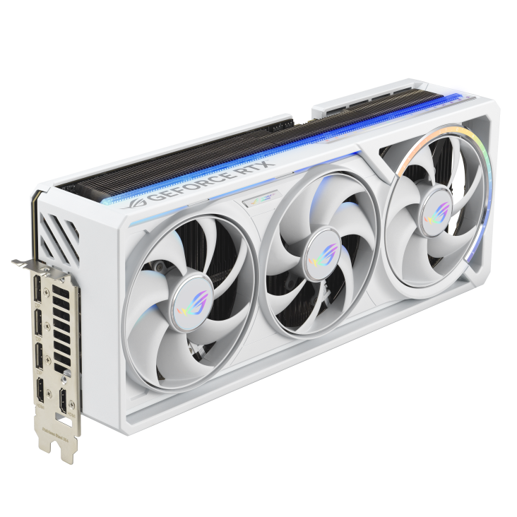 03_ROG-Astral-RTX5090-White_angled top down view focous on IO+lighting