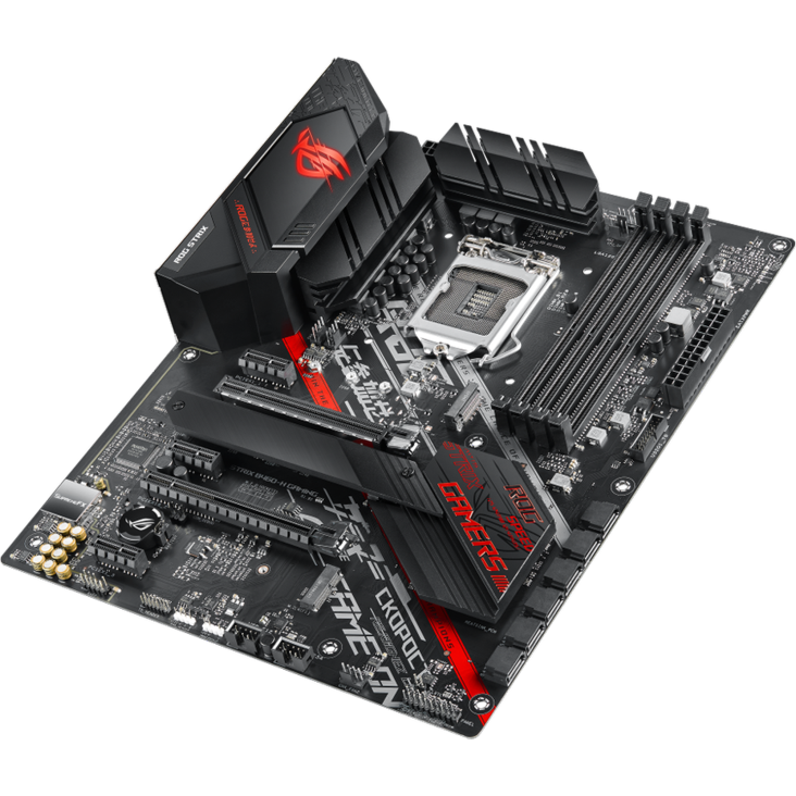 ROG STRIX B460-H GAMING top and angled view from right