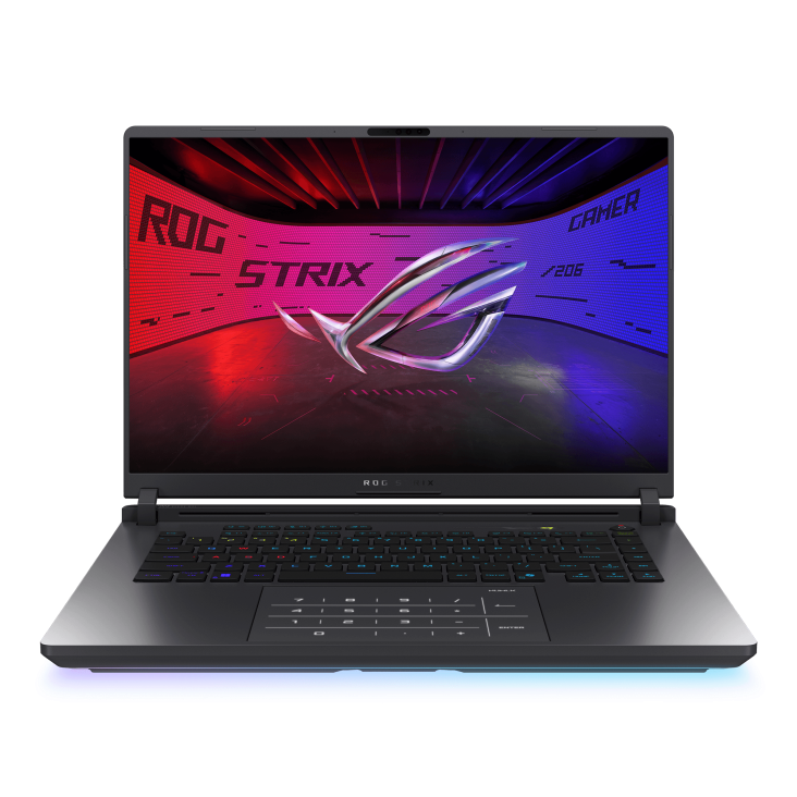 Shot of the Strix G16 with the with the lid open, with the ROG Fearless Eye logo on screen