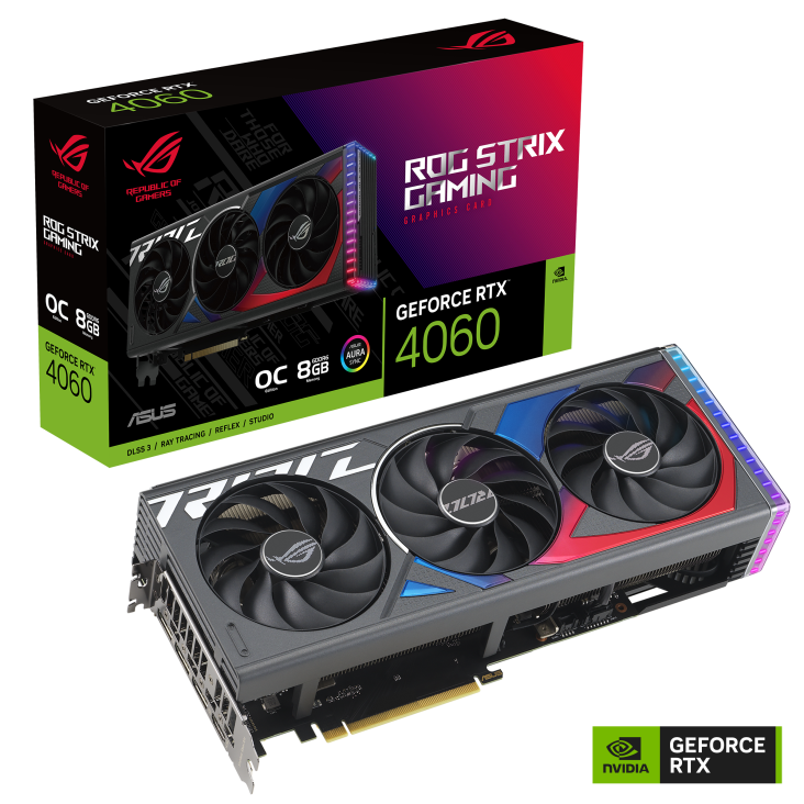 ROG STRIX GeForce RTX 4060 OC Edition packaging and graphics card with NVidia logo