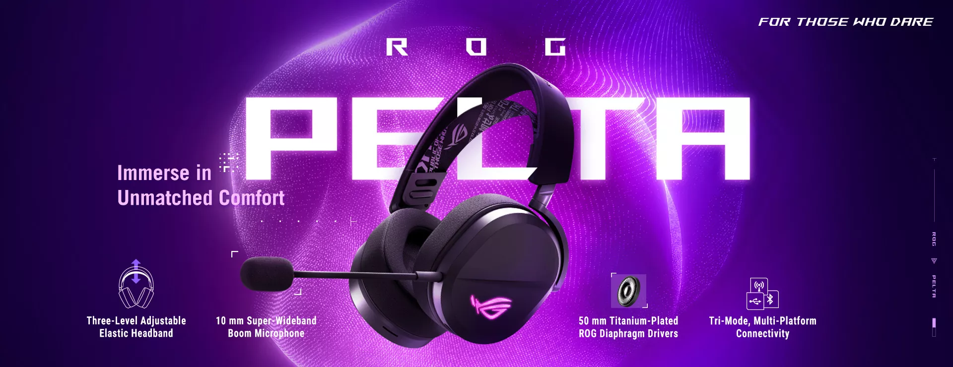 The ROG Pelta with immersive audio wave in the gradient purple and pink background.