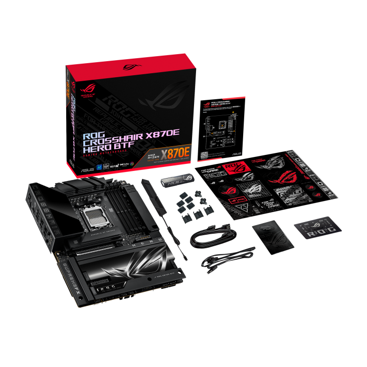 ROG CROSSHAIR X870E HERO BTF top view with what’s inside the box