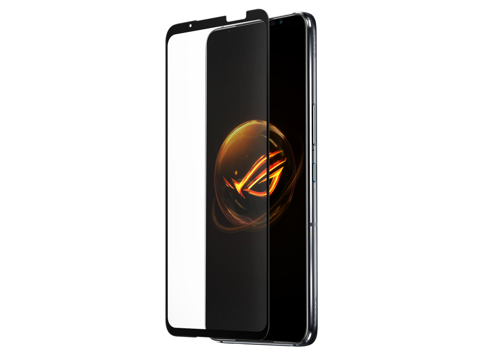Glass Screen Protector and a ROG Phone 7 angled view from front, tilting at 45 degrees