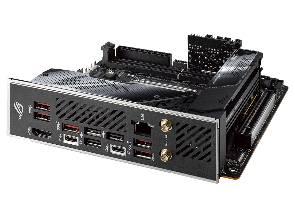 ROG STRIX X670E-I GAMING WIFI top and angled rear view with I/O Port