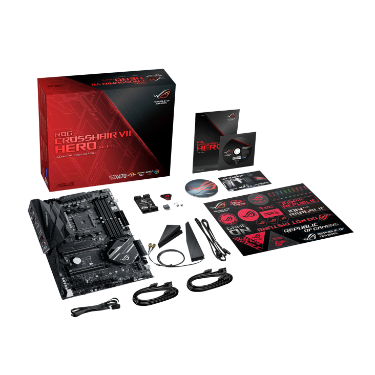 ROG CROSSHAIR VII HERO (WI-FI) top view with what’s inside the box
